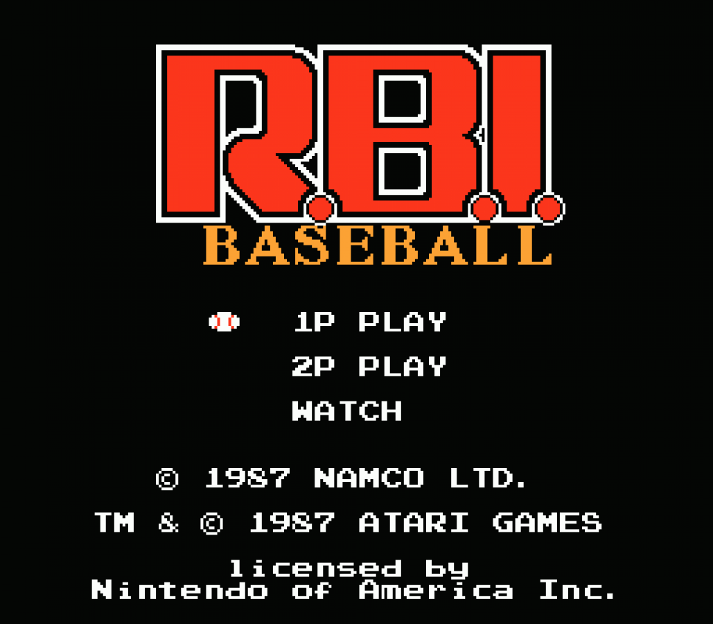RBI Baseball retro Nintendo Entertainment System video game featuring baseball sports gameplay, arcade style batting, multiplayer competition and classic NES action - title screen