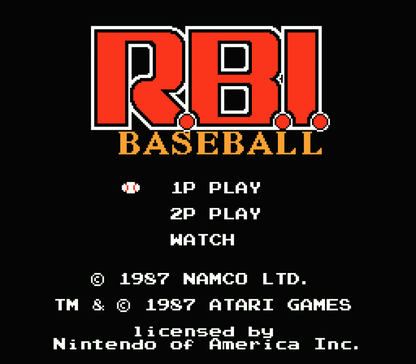 RBI Baseball retro Nintendo Entertainment System video game featuring baseball sports gameplay, arcade style batting, multiplayer competition and classic NES action - title screen