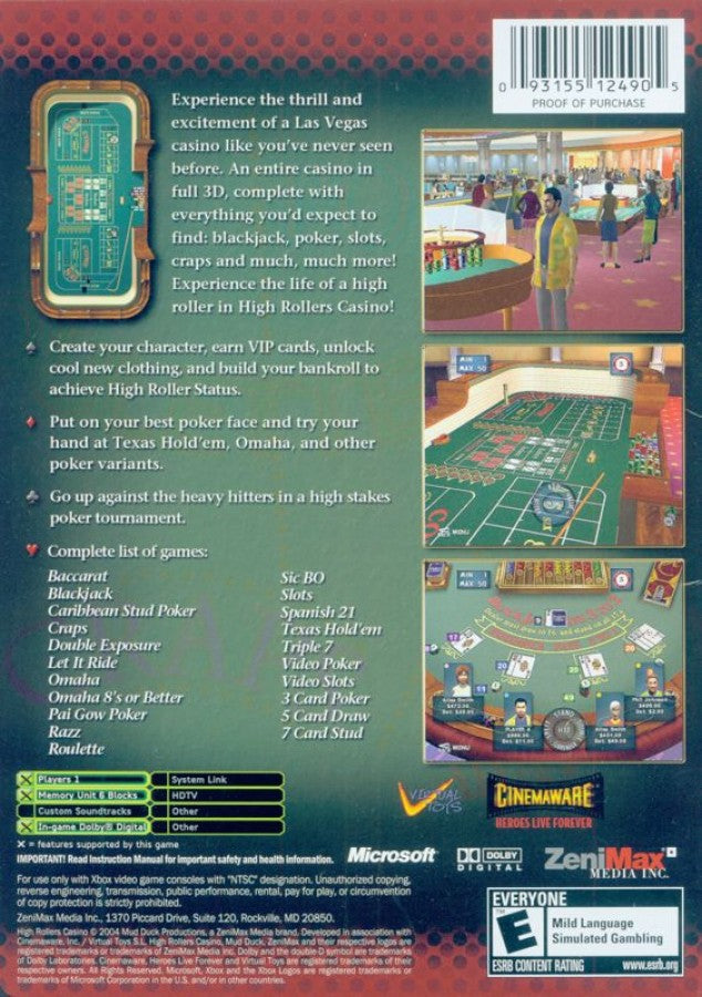 High Rollers Casino back cover art for Xbox (XBOX) video game