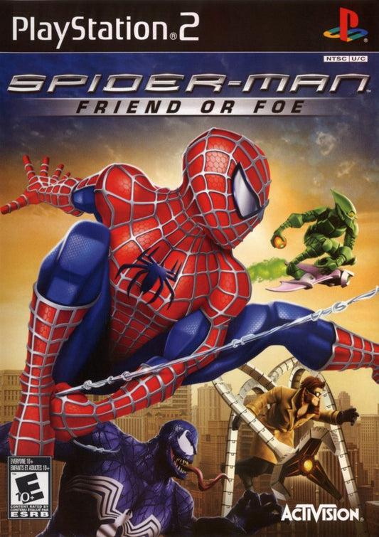 Spider-Man Friend or Foe PlayStation 2 PS2 for action adventure video game fans featuring Marvel superhero gameplay web swinging combat missions iconic Spider-Man villains cooperative multiplayer team battles character abilities colorful comic book inspired visuals collectible gaming appeal front cover front cover