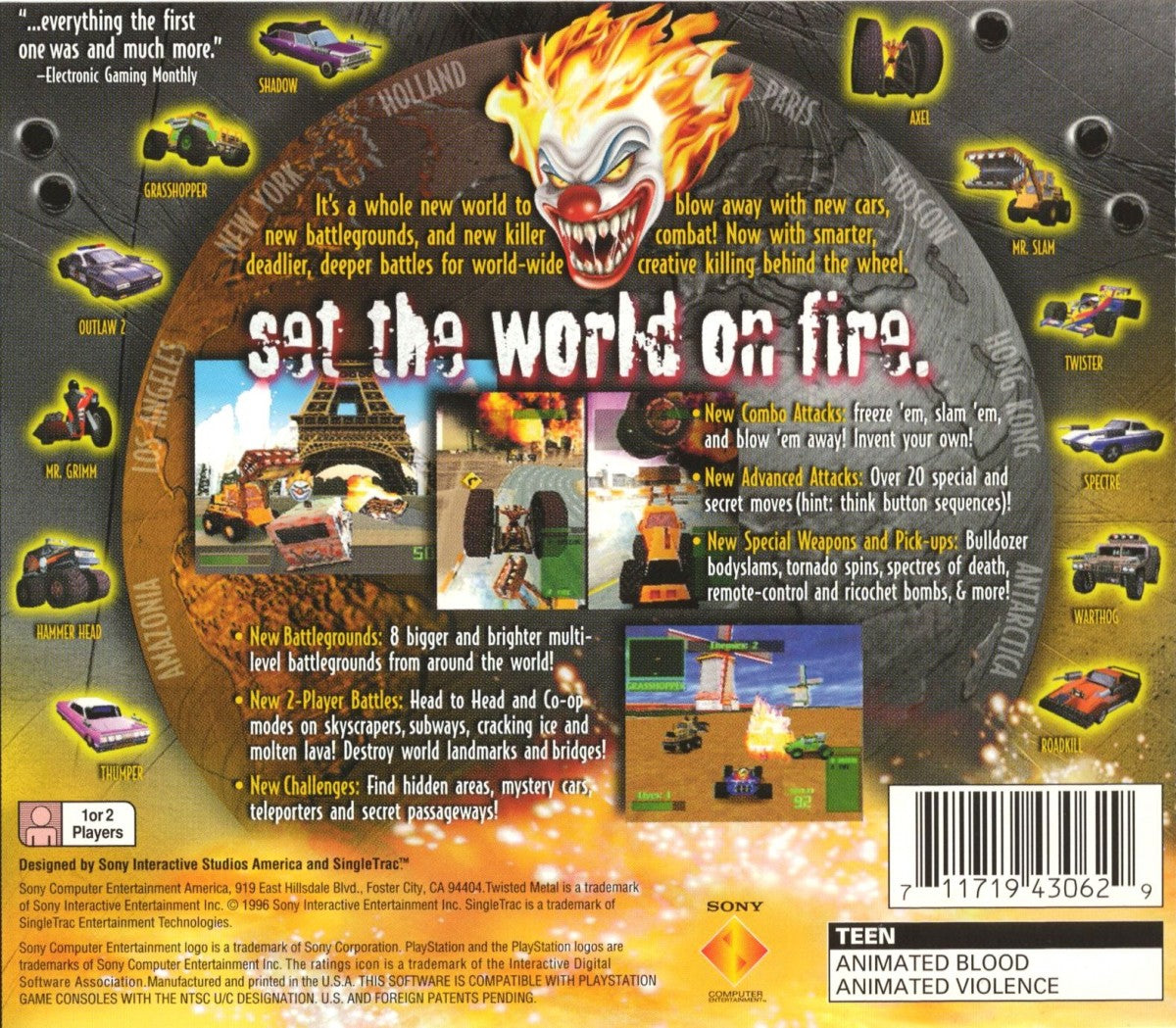 Twisted Metal 2 retro vehicular combat action game for PlayStation 1 (PS1) back of case