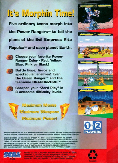 Mighty Morphin Power Rangers retro Sega Genesis video game featuring side scrolling action combat, superhero battles, cooperative gameplay and classic Genesis entertainment - back of case