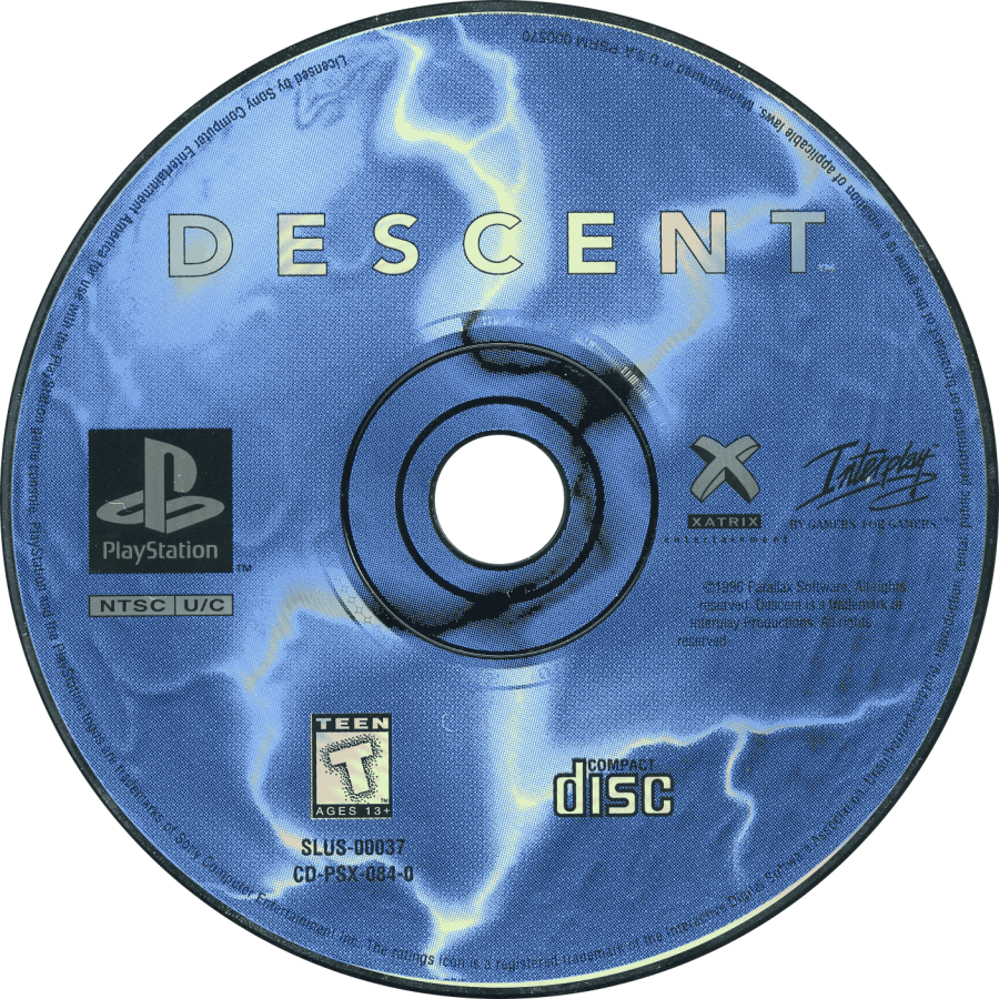 Descent PlayStation 1 PS1 first-person shooter video game featuring intense 3D space combat maze-like underground environments futuristic spacecraft enemy robots powerful weapons challenging levels exploration and classic PlayStation 1 PS1 gameplay collectible retro gaming appeal game disc