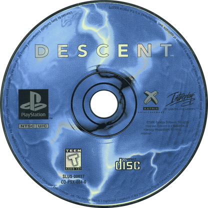 Descent PlayStation 1 PS1 first-person shooter video game featuring intense 3D space combat maze-like underground environments futuristic spacecraft enemy robots powerful weapons challenging levels exploration and classic PlayStation 1 PS1 gameplay collectible retro gaming appeal game disc