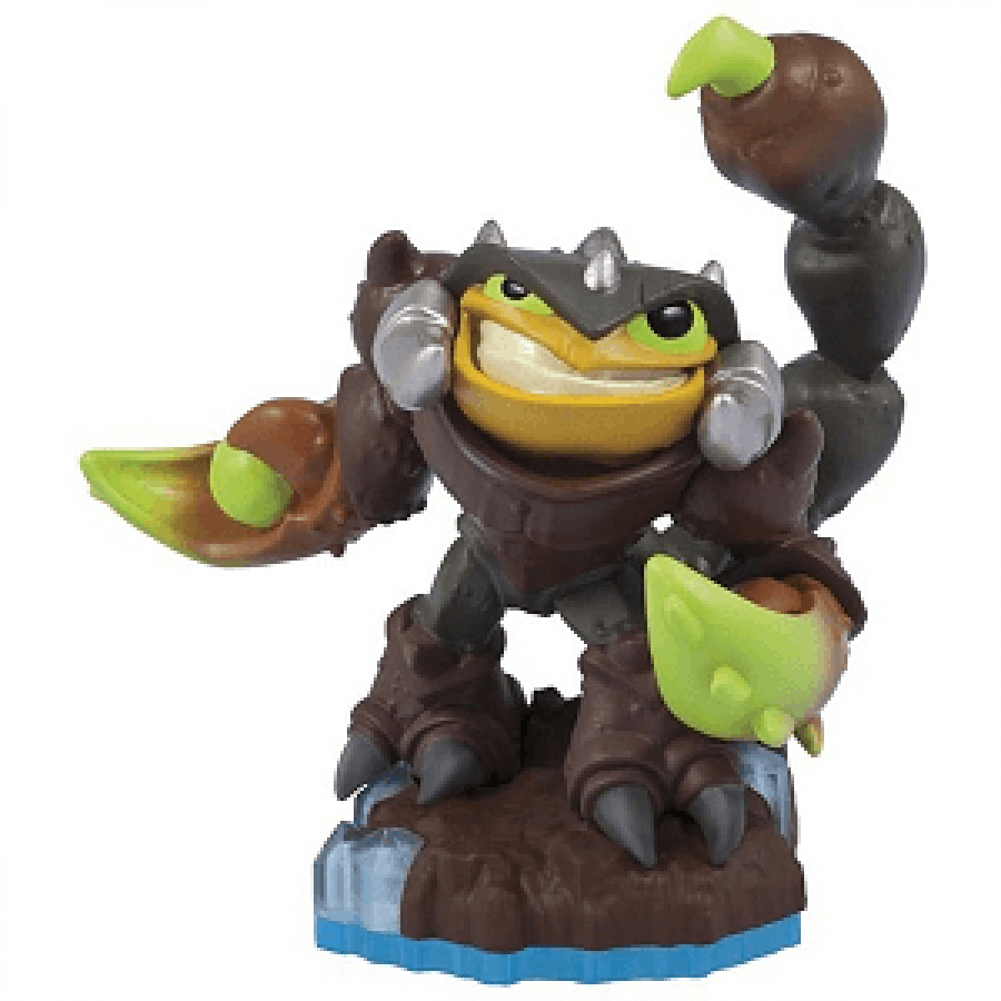 Scorp Skylanders Swap Force figure, life element scorpion warrior with green body, large claw and stinger tail, posed in attack stance, detailed collectible toy on portal base from Skylanders Swap Force series