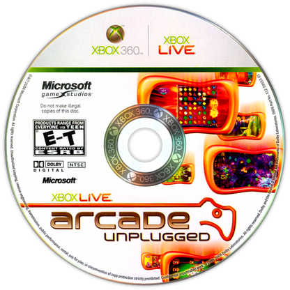 Xbox Live Arcade Unplugged Volume 1 Xbox 360 compilation game featuring a collection of classic Xbox Live Arcade titles playable on the go with Xbox 360 Portable (commonly bundled with original Xbox 360 Portable units), including retro favorites like Pac-Man Championship Edition, Geometry Wars: Retro Evolved, Toy Soldiers, Hexic, and other downloadable hits — arcade-style mini games and multiplayer fun in one portable compilation. disc