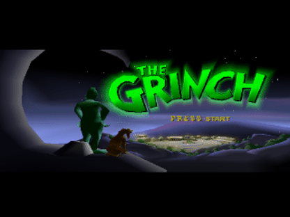The Grinch PlayStation 1 PS1 platformer action-adventure video game based on the 2000 live-action film starring Jim Carrey stealing Christmas from Whoville exploring Whoville start screen