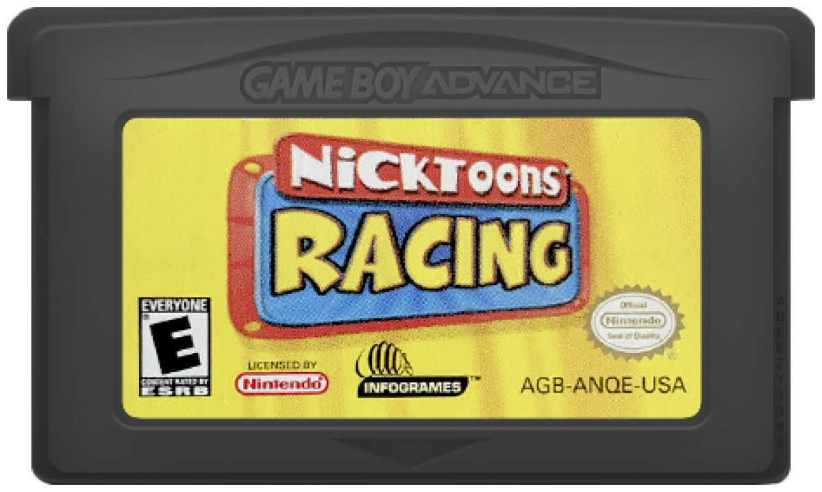 Nicktoons Racing for Game Boy Advance, cartridge for a retro video game featuring kart racing gameplay, Nickelodeon character-based competition, track challenges, power-ups, and arcade-style racing action