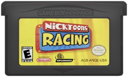 Nicktoons Racing for Game Boy Advance, cartridge for a retro video game featuring kart racing gameplay, Nickelodeon character-based competition, track challenges, power-ups, and arcade-style racing action
