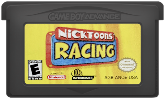 Nicktoons Racing for Game Boy Advance, cartridge for a retro video game featuring kart racing gameplay, Nickelodeon character-based competition, track challenges, power-ups, and arcade-style racing action