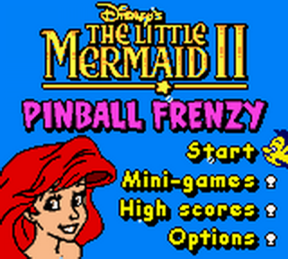 Disney’s The Little Mermaid II Pinball Frenzy for Game Boy Color, title screen for a pinball video game with underwater-themed tables, arcade-style gameplay, score challenges, and Disney character visuals