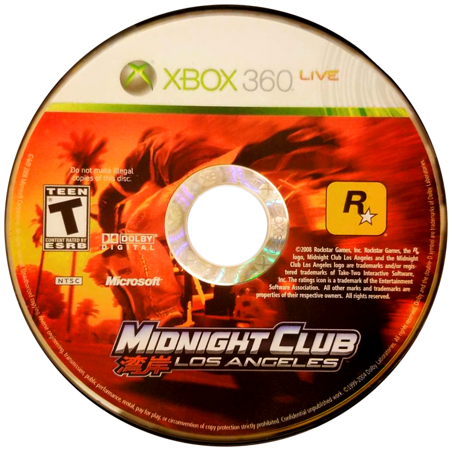 Midnight Club Los Angeles Xbox 360 street racing game open world driving Rockstar Games urban racing customizable cars motorcycles high speed arcade racing city streets multiplayer racing Xbox 360 software video game title disc 