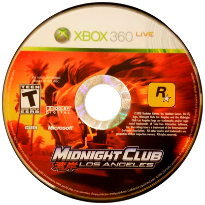 Midnight Club Los Angeles Xbox 360 street racing game open world driving Rockstar Games urban racing customizable cars motorcycles high speed arcade racing city streets multiplayer racing Xbox 360 software video game title disc 