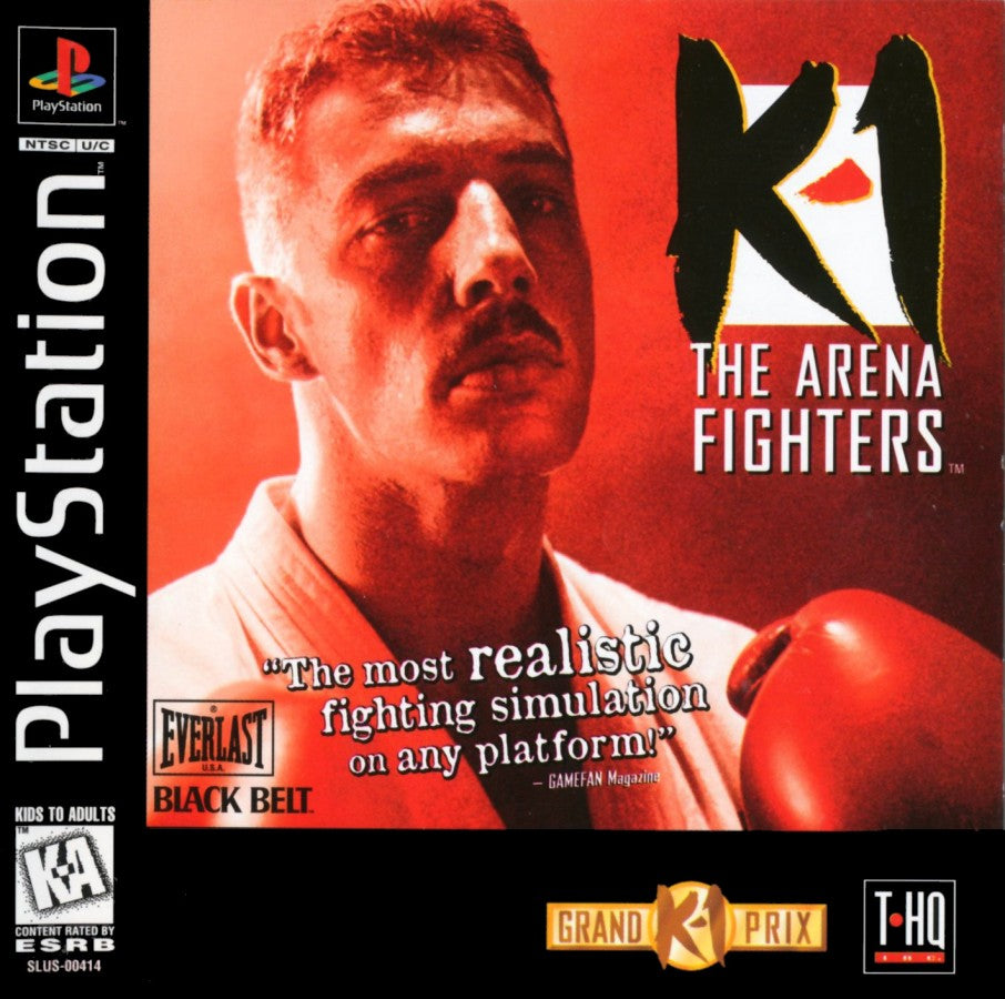 K-1 The Arena Fighters is a 3D kickboxing fighting game for the original PlayStation (PS1), featuring eight real-world K-1 fighters, multiple game modes including One Player, VS, Tournament, and Team Battle, and strategic combat focused on punches, kicks, stamina, power management, and signature moves cover art