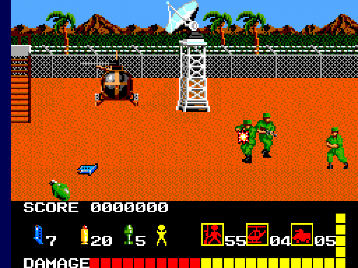 Operation Wolf Sega Master System SMS for arcade light gun shooting video game fans featuring military combat enemy soldiers hostage rescue missions fast paced shooting action battlefield environments challenging stages weapon targeting and classic Sega Master System gameplay collectible retro gaming appeal gameplay