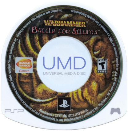 Warhammer Battle for Atluma PlayStation Portable PSP inspired design featuring strategic card based combat aesthetic Warhammer fantasy universe factions tactical deck building gameplay turn based battles dark fantasy artwork and portable strategy gaming presentation UMD