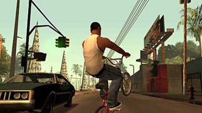 Retro Grand Theft Auto San Andreas Greatest Hits PS2 inspired design featuring open world crime action aesthetic vintage PlayStation 2 urban street culture gang warfare sprawling city environments chaotic missions iconic Rockstar gameplay nostalgic sandbox adventure presentation - gameplay