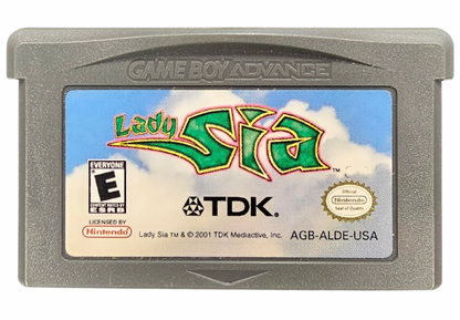 Lady Sia Game Boy Advance GBA video game Complete In Box CIB Missing Post Card featuring action platforming gameplay fantasy adventure exploration colorful environments enemy battles magical abilities challenging levels and classic handheld Nintendo gameplay retro video game collection collectible gaming appeal Game cartridge