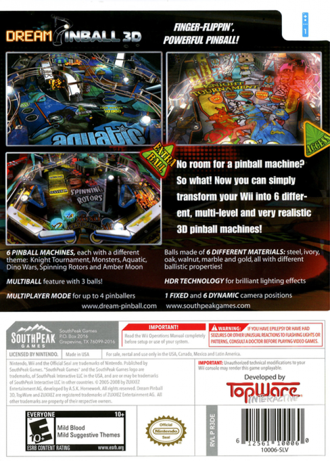 Dream Pinball 3D back cover art for Nintendo Wii (Wii) video game