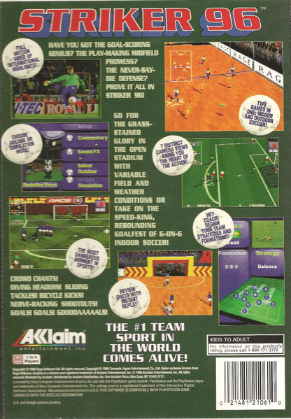 Striker '96 back of case for PlayStation 1 (PS1) soccer sports video game