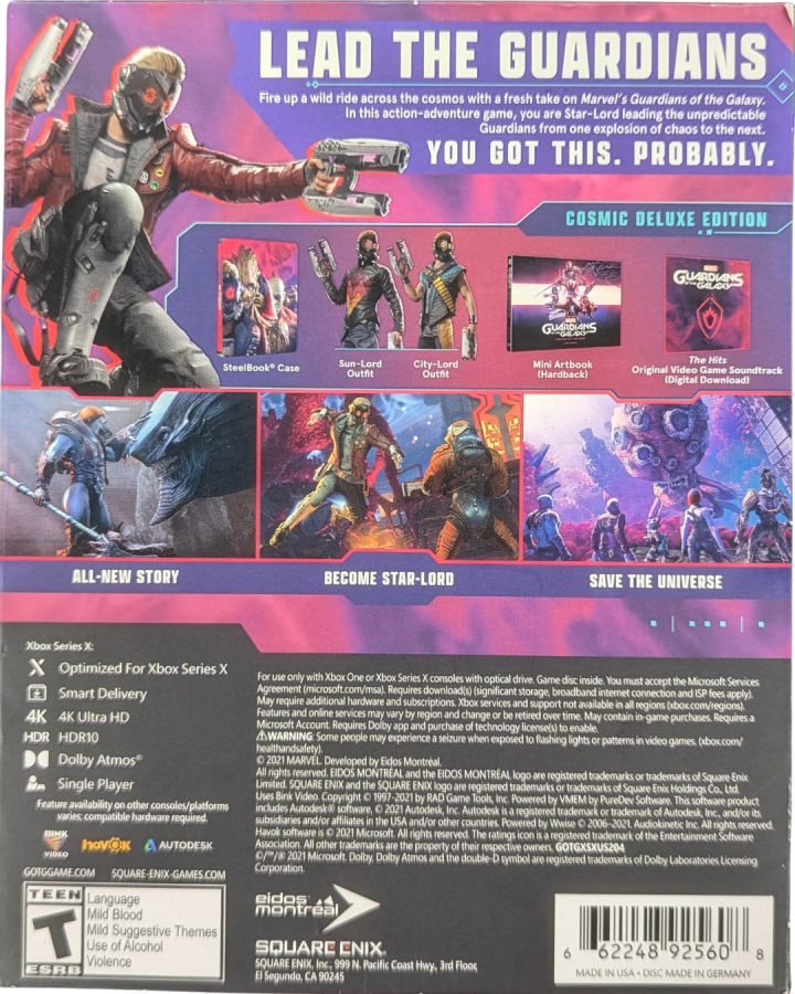 Marvel’s Guardians of the Galaxy Cosmic Deluxe Edition Xbox Series X video game, action adventure, superhero team gameplay, story-driven Marvel title bundle back cover