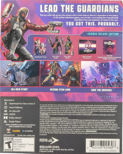 Marvel’s Guardians of the Galaxy Cosmic Deluxe Edition Xbox Series X video game, action adventure, superhero team gameplay, story-driven Marvel title bundle back cover