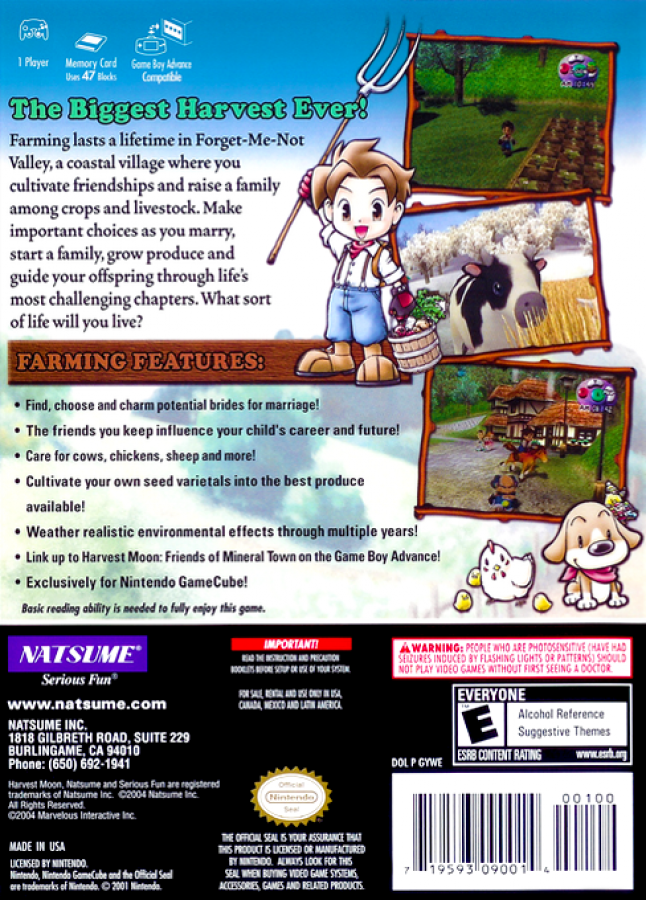 Harvest Moon: A Wonderful Life [Player's Choice] back of case for GameCube (GC) farming life simulation role-playing video game