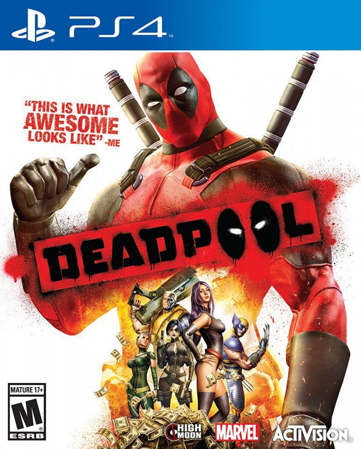 Deadpool PS4 inspired design featuring comic book action adventure aesthetic fourth wall breaking humor chaotic hack and slash combat Marvel antihero gameplay over the top violence cinematic superhero action nostalgic presentation cover art