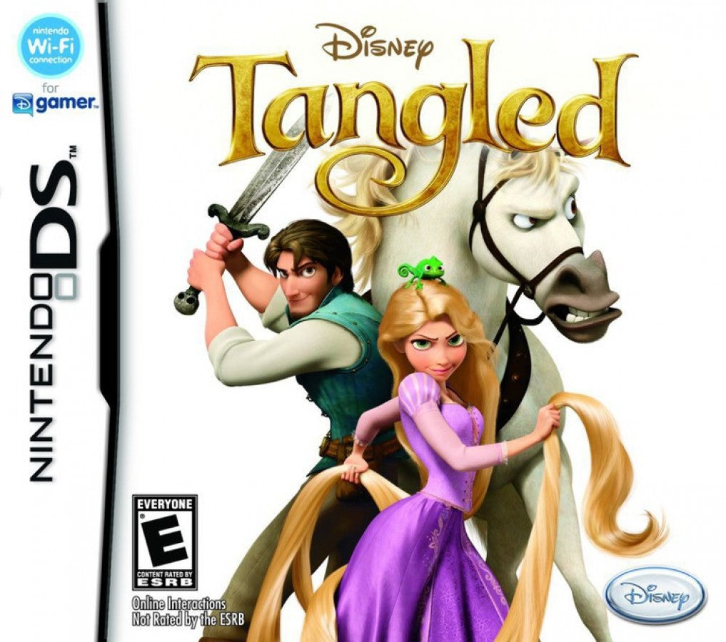 Disney Tangled Nintendo DS cover art inspired design featuring fairy tale adventure gameplay aesthetic Rapunzel and Flynn Rider journey magical kingdom exploration charming story driven challenges colorful environments family friendly fun and portable handheld gaming presentation