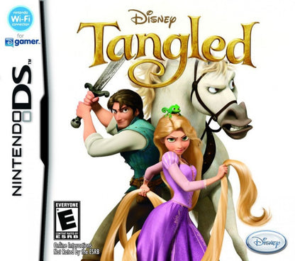 Disney Tangled Nintendo DS cover art inspired design featuring fairy tale adventure gameplay aesthetic Rapunzel and Flynn Rider journey magical kingdom exploration charming story driven challenges colorful environments family friendly fun and portable handheld gaming presentation