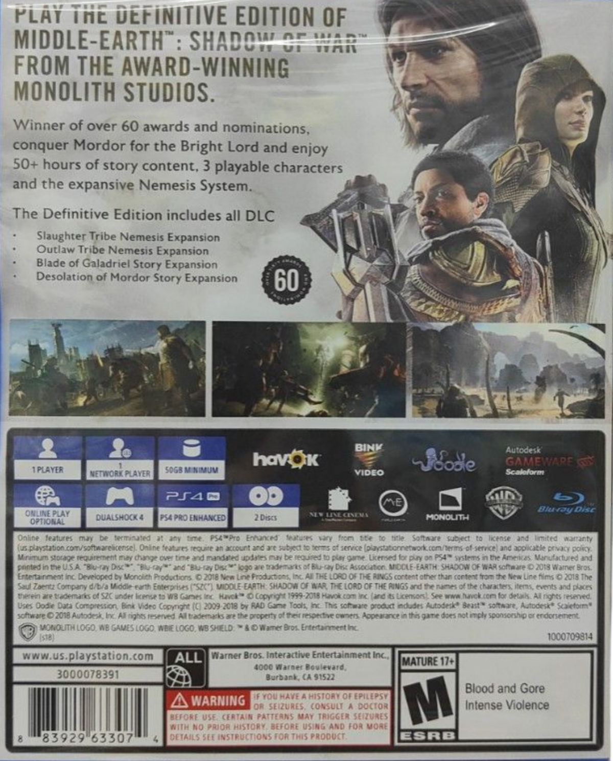 Middle Earth: Shadow of War [Definitive Edition] for PlayStation 4 (PS4) featuring the complete epic open-world saga where you go behind enemy lines to forge an army and conquer Mordor from within; this edition includes all DLC, expanding the revolutionary Nemesis System with new Orc tribes, story campaigns, and regions for the ultimate Middle-earth experience back cover