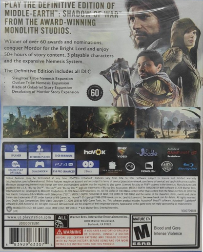 Middle Earth: Shadow of War [Definitive Edition] for PlayStation 4 (PS4) featuring the complete epic open-world saga where you go behind enemy lines to forge an army and conquer Mordor from within; this edition includes all DLC, expanding the revolutionary Nemesis System with new Orc tribes, story campaigns, and regions for the ultimate Middle-earth experience back cover