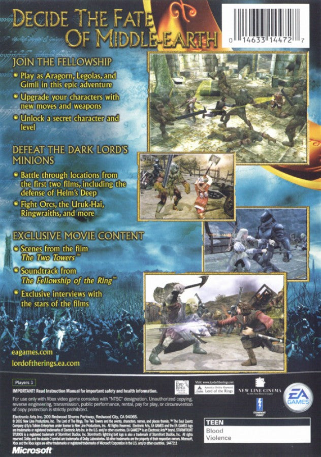 The Lord of the Rings The Two Towers Xbox video game, action adventure, fantasy combat, movie tie-in gameplay, classic console title back cover art