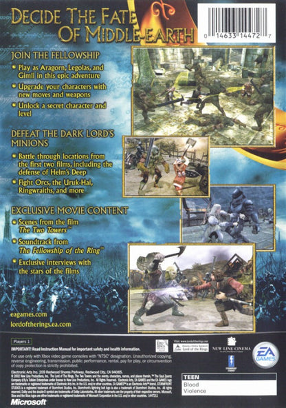 The Lord of the Rings The Two Towers Xbox video game, action adventure, fantasy combat, movie tie-in gameplay, classic console title back cover art