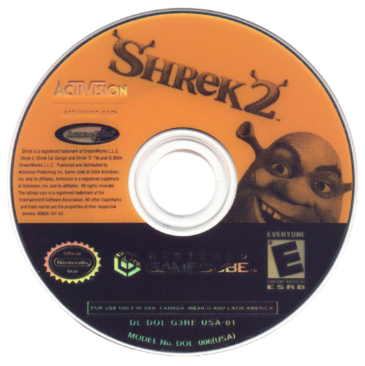 Shrek 2 Player’s Choice edition game for the Nintendo GameCube featuring action adventure gameplay with cooperative multiplayer character switching puzzle solving and story driven levels based on the animated film disc 