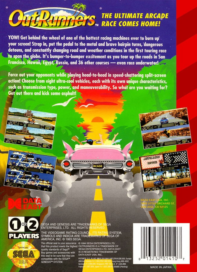 OutRunners Sega Genesis GEN for retro video game enthusiasts featuring arcade racing gameplay high speed driving colorful international tracks branching routes competitive multiplayer action stylish sports cars and collectible gaming appeal back art 