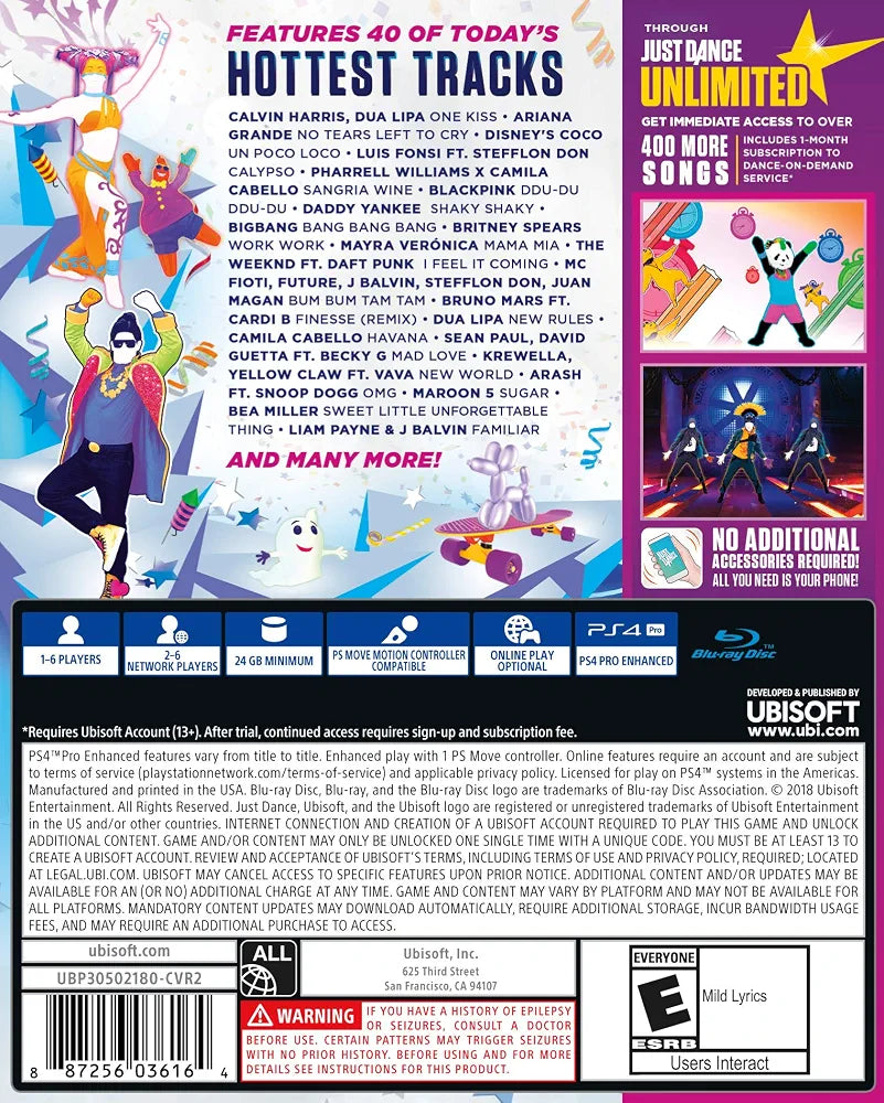 Just Dance 2019 PlayStation 4 PS4 for retro video game enthusiasts featuring rhythm and dance gameplay popular music tracks motion based performance challenges multiplayer party modes energetic choreography and collectible gaming appeal back cover art