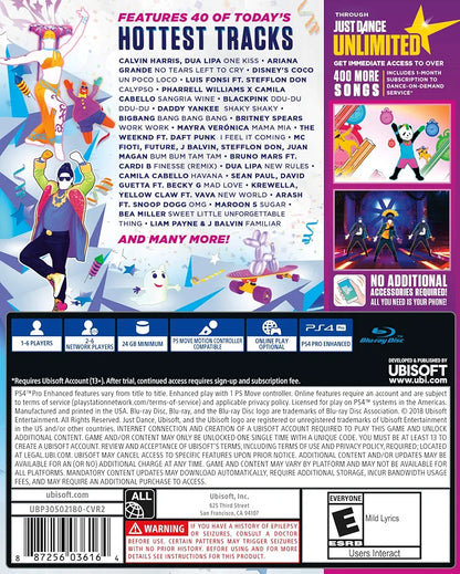 Just Dance 2019 PlayStation 4 PS4 for retro video game enthusiasts featuring rhythm and dance gameplay popular music tracks motion based performance challenges multiplayer party modes energetic choreography and collectible gaming appeal back cover art