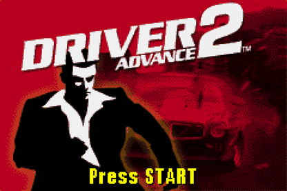 Driver 2 Advance for Game Boy Advance, title screen for an action driving video game with mission-based gameplay, open city environments, vehicle chases, and crime-themed challenges