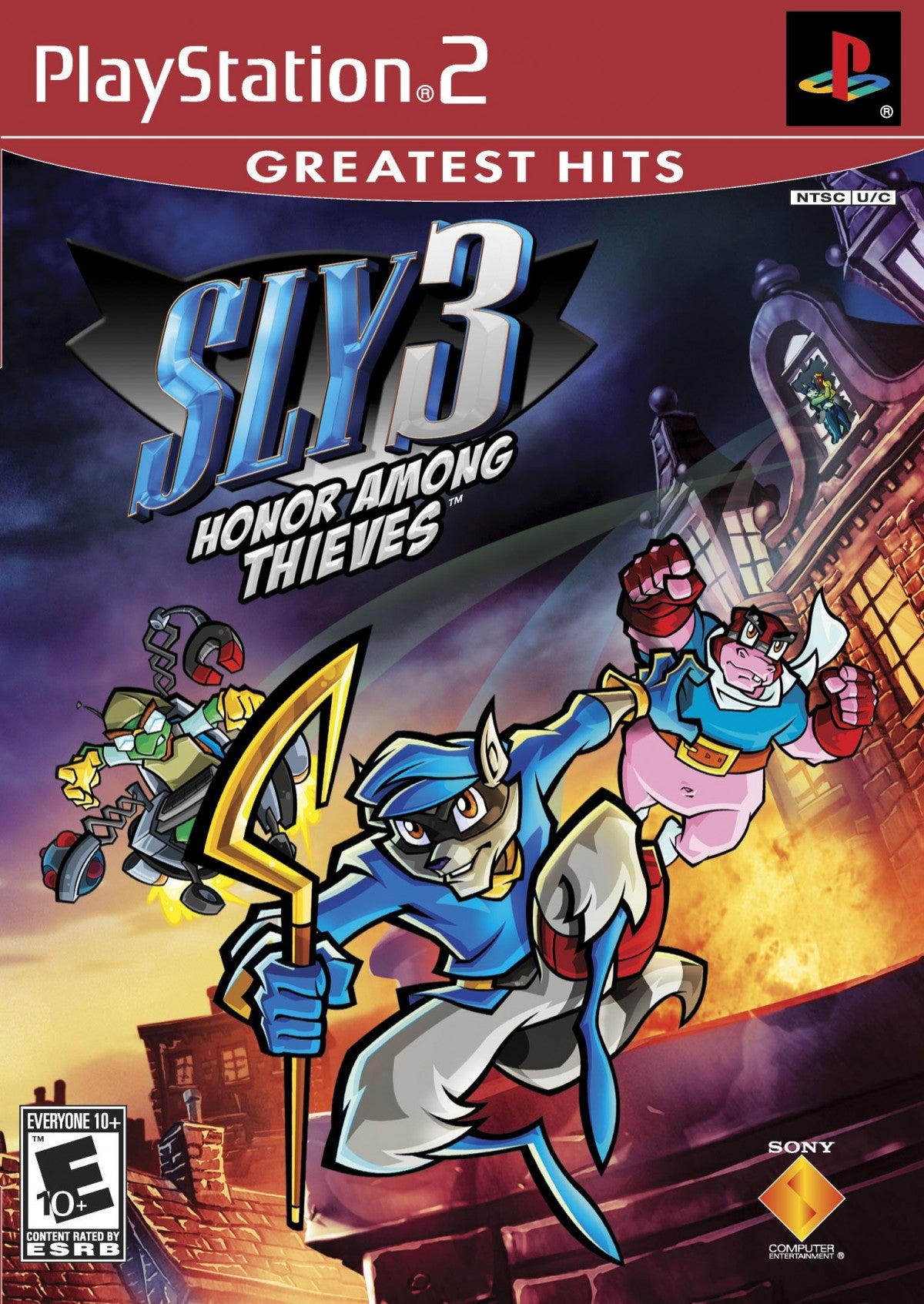 Sly 3: Honor Among Thieves [Greatest Hits] for PlayStation 2 (PS2) featuring the same globe trotting stealth platforming heist adventure with multiple playable Cooper Gang members and varied missions; includes the Greatest Hits re release branding for this complete team based caper on PS2 front cover