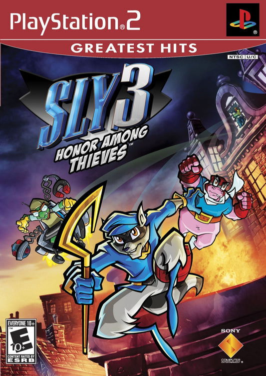 Sly 3: Honor Among Thieves [Greatest Hits] for PlayStation 2 (PS2) featuring the same globe trotting stealth platforming heist adventure with multiple playable Cooper Gang members and varied missions; includes the Greatest Hits re release branding for this complete team based caper on PS2 front cover