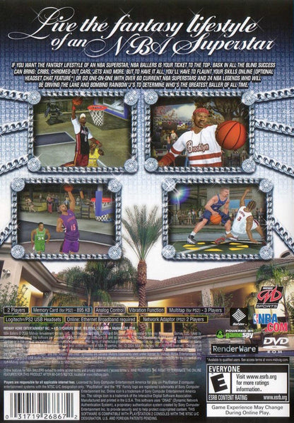 NBA Ballers PlayStation 2 PS2 for retro video game enthusiasts featuring arcade style basketball gameplay one on one streetball action authentic NBA players flashy trick moves competitive multiplayer challenges and collectible gaming appeal back cover art