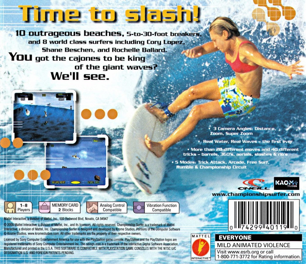 Championship Surfer – PlayStation 1 (PS1) back of case for retro video game
