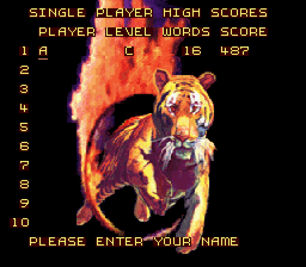 Wordtris for Super Nintendo Entertainment System with word-forming puzzle gameplay theme high score screen