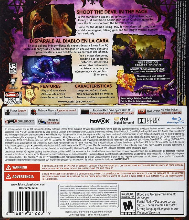 Saints Row: Gat Out of Hell back cover art for PlayStation 3 (PS3) video game