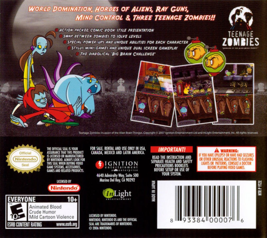 Teenage Zombies Nintendo DS side scrolling action platformer featuring undead teen heroes puzzle solving levels stylus based controls comic book art style quirky humor and sci fi storyline adventure back cover