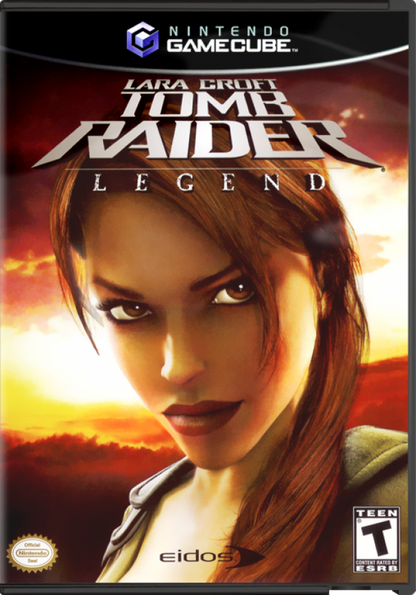 Tomb Raider Legend GameCube GC video game, action adventure, exploration and puzzle solving, Lara Croft, cinematic gameplay, Nintendo GameCube title front cover