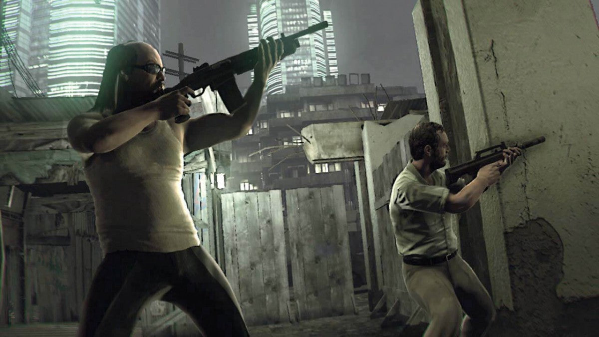 Retro Kane and Lynch 2 Dog Days Xbox 360 inspired design featuring gritty crime thriller shooter aesthetic vintage HD era handheld camcorder visual style urban Shanghai chaos intense co op action brutal criminal underworld cinematic realism nostalgic third person shooter presentation gameplay