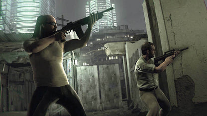 Retro Kane and Lynch 2 Dog Days Xbox 360 inspired design featuring gritty crime thriller shooter aesthetic vintage HD era handheld camcorder visual style urban Shanghai chaos intense co op action brutal criminal underworld cinematic realism nostalgic third person shooter presentation gameplay