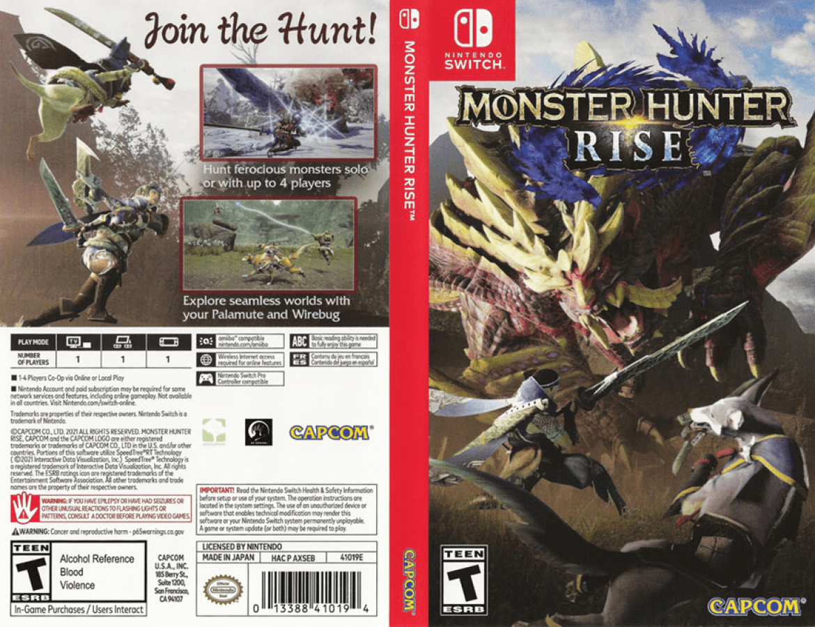 Monster Hunter Rise – Nintendo Switch (NS) Front and Back Cover Art for this NS video Game  